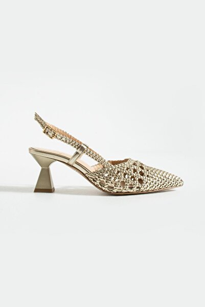 FOLLİNİ Kadın Hakiki Deri Topuklu Hasır Ayakkabı Dore