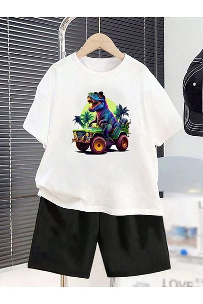 THEKONT Dinosaur Printed Bottom-Up Shorts-T-Shirt Summer Children's Set