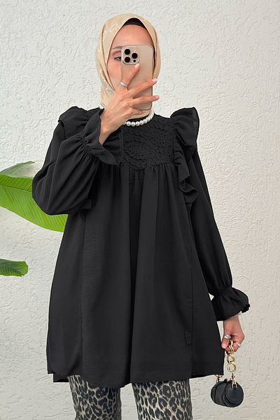 Salih Çelebi Shoulder Ruffle Detailed Tunic 2044 - Black