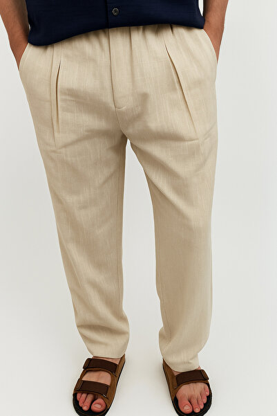 MİRMARONİ Ανδρικό παντελόνι με πλισέ άνετο λινό με υφή