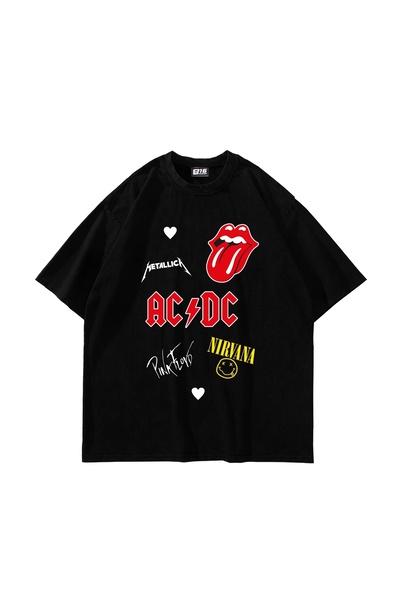 Bak Moda تي شيرت أسود كبير الحجم مطبوع عليه روك أند رول للجنسين