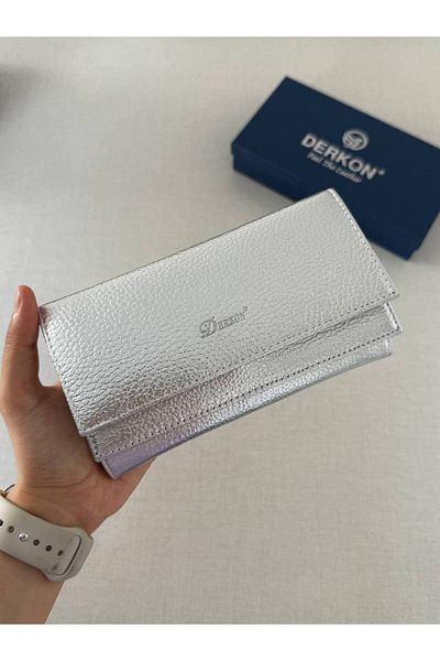 DERKON Double Cover 100% Genuine Leather Women's Wallet Silver Color