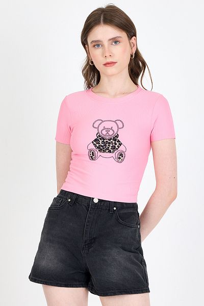 Rays Tricou crop slim cu imprimeu leopard cu ursuleț roz 0549