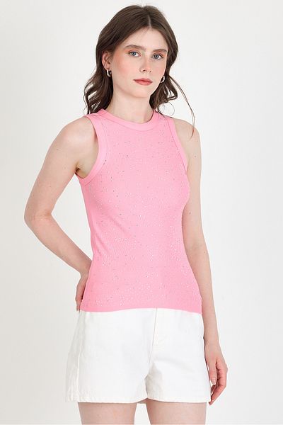 Rays Pink Stone Processing Detailed Halter Neck Knitted Tank Top 0349