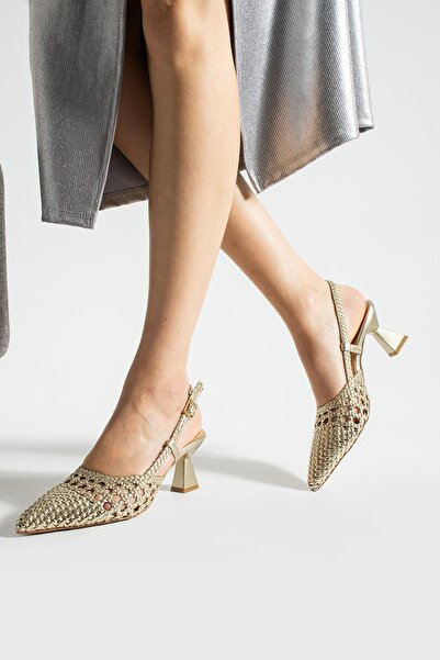 FOLLİNİ Kadın Hakiki Deri Topuklu Hasır Ayakkabı Dore