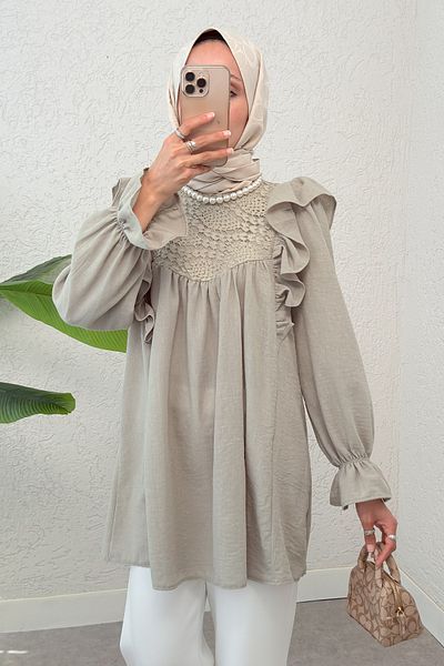 Salih Çelebi Shoulder Ruffle Detailed Tunic 2044 - Dark Beige