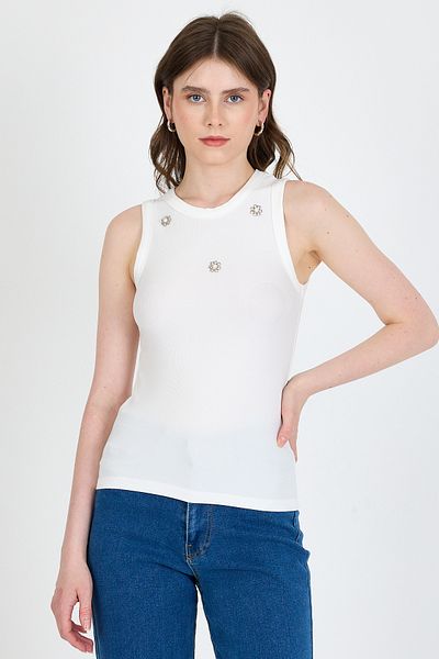 Rays Ecru Pearl Stone Detailed Halter Neck Ribbed Undershirt 0649