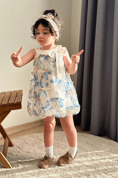 Turuncu Gardrop 3-10 Yaş Zambak Model Kız Çocuk Elbise Mavi