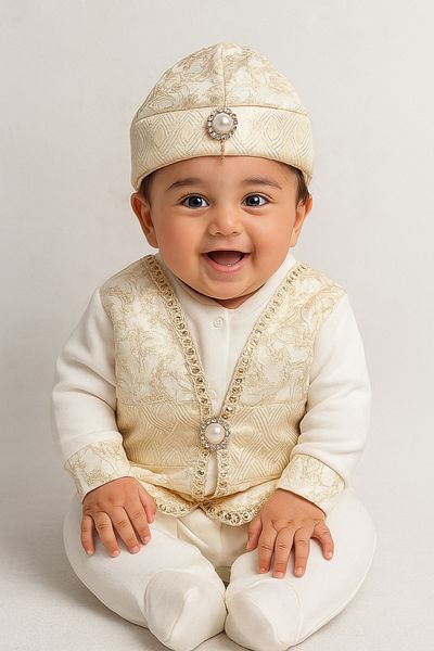 Tombyco Baby Boy Stylish Mevlütlük and Circumcision Rompers and Hat Set – Gold Embroidered (Boxed Product)