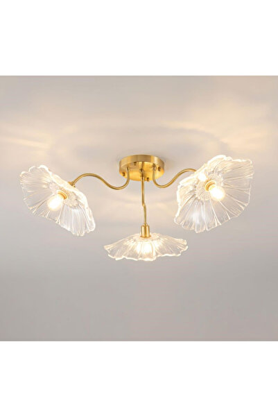 burenze Luxury Modern Exclusive Tasarım Şeffaf Kristal Camlı Flower Çiçek Üçlü Avize Eskitme Gold Sarı