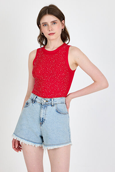 Rays Red Stone Embroidery Detailed Halter Neck Knitted Tank Top 0349