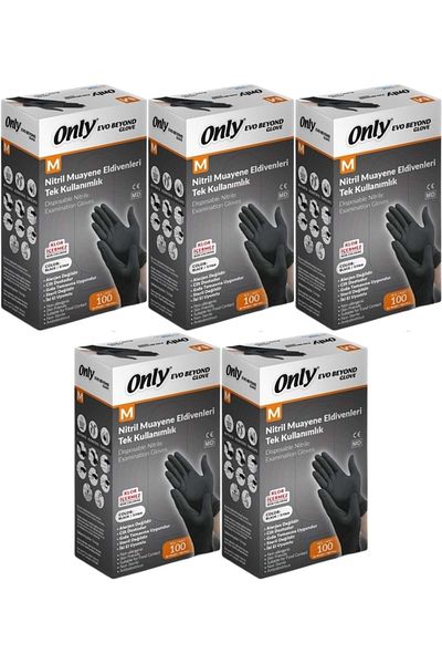 ONLY قفازات الفحص Evo Beyond Glove نيتريل سوداء خالية من البودرة، مجموعة من 500 قطعة M - متوسط ​​- متوسط ​​(5PK*100)