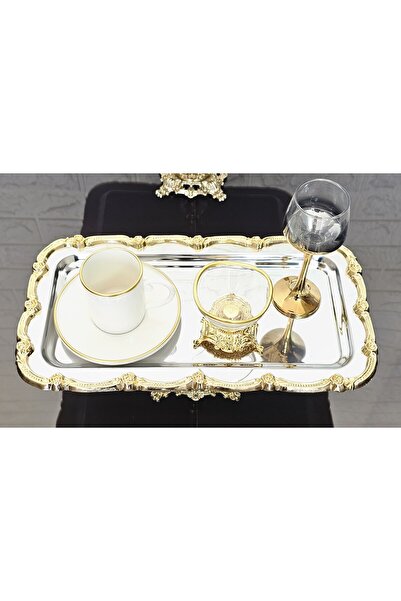 atabey home collection 2 Pieces Baton Silver Presentation Tray Gold Rose Framed & Coffee & Tea Tray 32cm