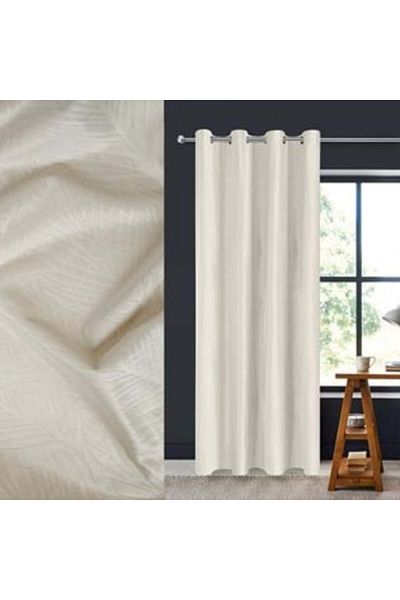 Jumbo Decorative Velvet Curtain Ecru with Embossed Leaves & Rings 140 x 260 cm