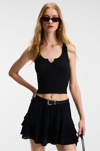 GRIMELANGE Mavsera Women's Thick Strap U Neck Button Crop Slim Black Tank Top