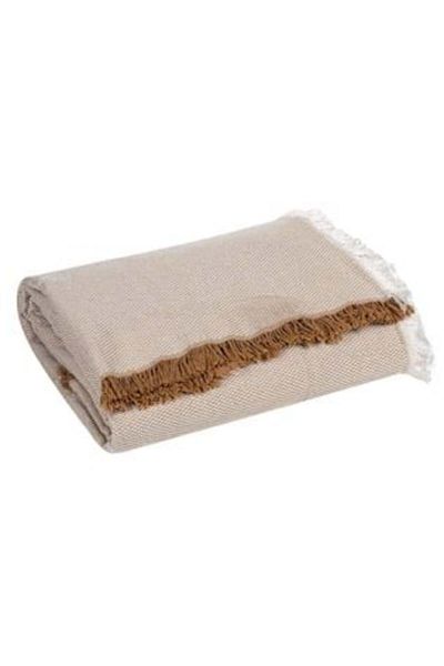 Jumbo Decorative Beige Throw with White and Beige Tassels for Four-Seater Sofa