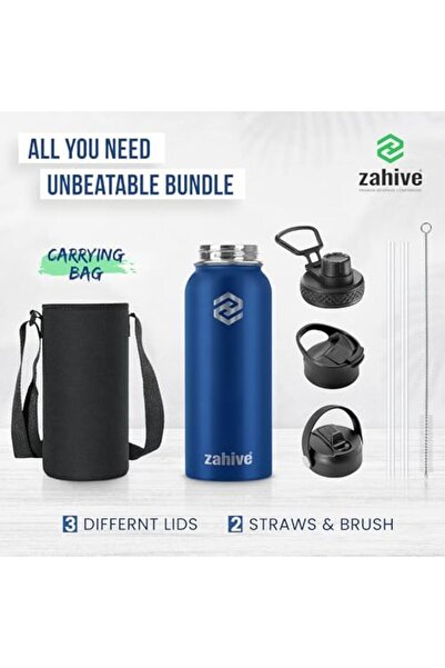 Generic Zahive Stainless Steel Water Bottle 1L with 3 Lids & Bag - Insulated Water Bottle with Straw - 1000m