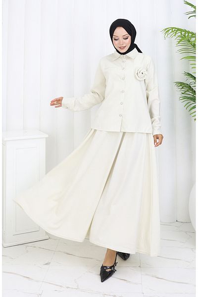 sefamerve Rose Detailed Shirt Skirt Σετ δύο τεμαχίων 2088-04 Μπεζ