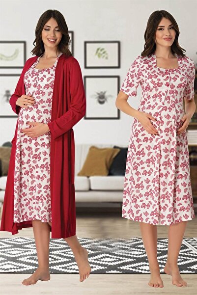 Lohussa Women's Fusya Patterned Special Design Cotton Maternity Maternity Dressing Gown, Nightgown Set