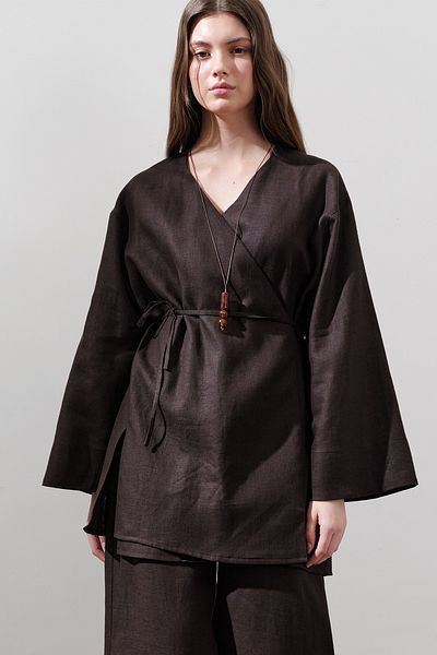 Manuka Linen Cruvaze Closure Kimono Aci Brown