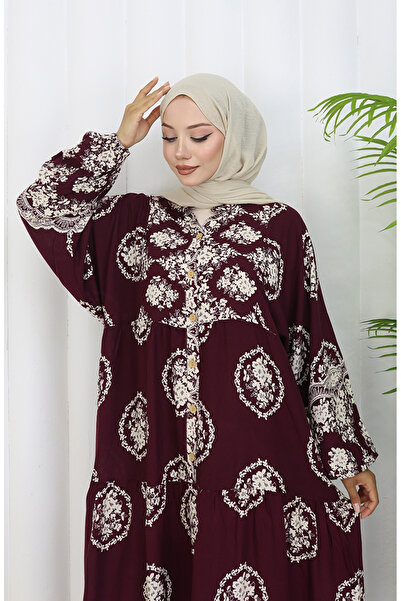 sefamerve Viscose Fabric Half Button Dress 0109-02 Plum