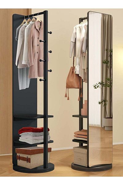 Taimi 360 Degree Rotating Floor Mirror and 2 in 1 Coat Rack for Bedroom and Living Room 166x56cm Black