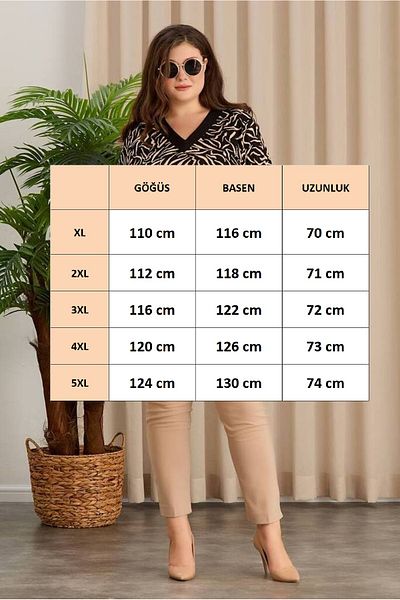 FOR ESRA BIG TREND Women's Plus Size V Neck Patterned Sleeve Flounced Stretchy Viscose Blouse