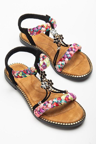 Dilimler Ayakkabı Women's Flat Heeled Sandals Black Mesh Strap Flower Buckle