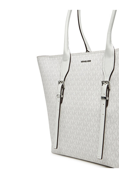 Michael Kors Women's Wide Zipper Closure Belt Detail Mk Written White Shoulder Bag 30R5S9Ot7V-Optallum