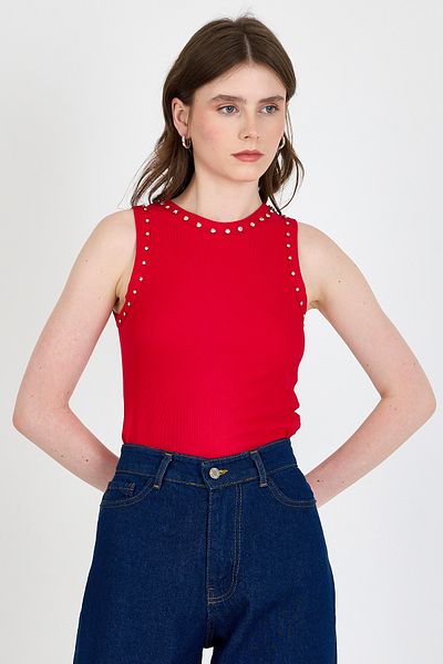 Rays Red Collar and Shoulder Stone Detailed Ribbed Knitted Athlete 1249