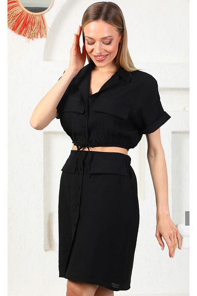 Miss Allos Women's Shirt and Buttoned Mini Skirt Linen Look Summer Double Suit