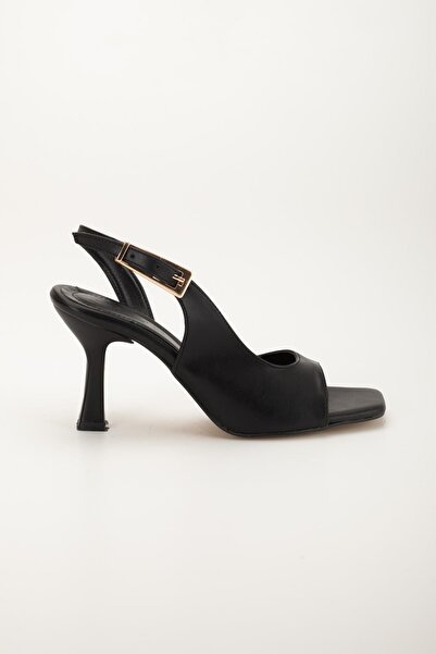 Dilimler Ayakkabı Kadi Heeled Sandals Shoes Black Skin Side Big Buckle