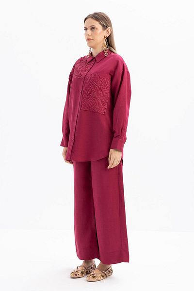 ALLDAY Cherry-Embroidery Detailed Linen Trousers Suit