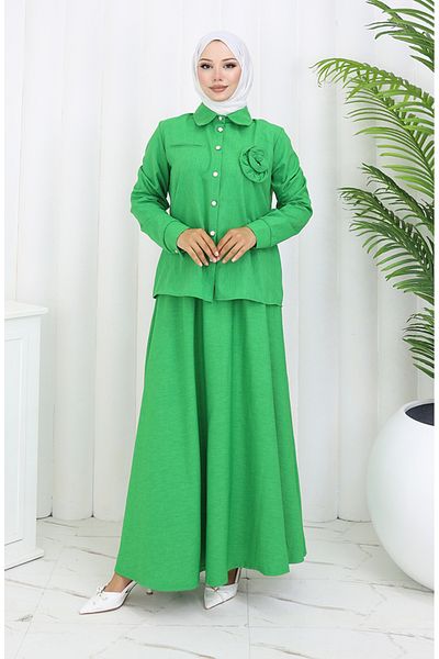 sefamerve Rose Detailed Shirt Skirt Σετ δύο τεμαχίων 2088-06 Πράσινο