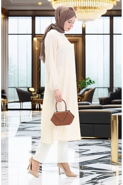 sefamerve Side Slit Long Tunic 4104-07 Cream