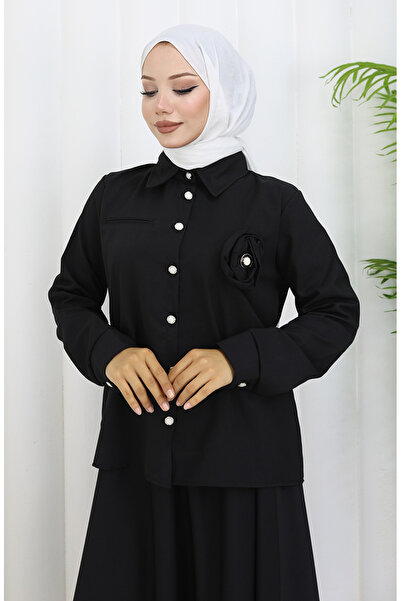 sefamerve Rose Detailed Shirt Skirt Double Set 2088-03 Black