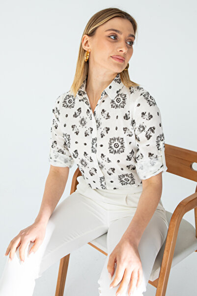 Nuevo Γυναικείο πουκάμισο με μαύρο σχέδιο με λινό μανίκι