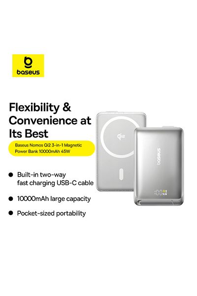 Baseus Nomos Qi2 Magnetic External Battery, 10,000 Mah, 45w, Usb-c Cable Included, Gray