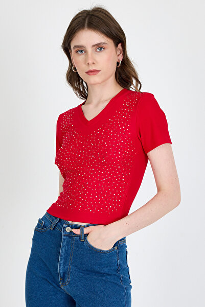 Rays Tricou slim cu decolteu în V cu detalii de prelucrare a pietrei roșii 0949