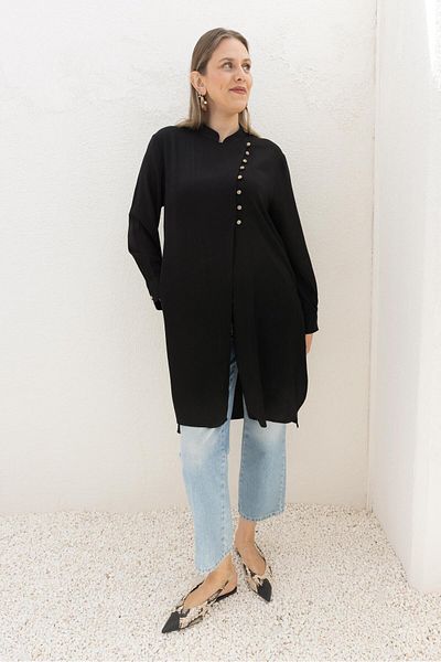 ALLDAY Black-Half Placket Slit Linen Tunic