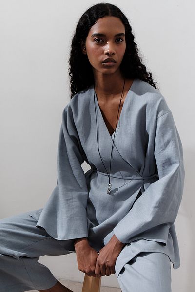 Manuka LINEN KRUVAZĂ ÎNCHIDERE KIMONO ALBASTRU
