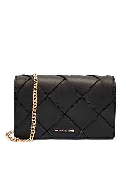 Michael Kors Women's 100% Leather Cross Chain Strap Patterned Black Shoulder Bag 32S5Gj6C8L-Black