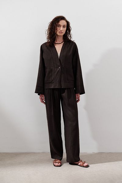 Manuka Linen Single Button Bluz Aci Brown