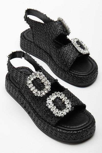 Dilimler Ayakkabı Women's Wedge Heel Sandals Black Double Strap Straw Material Stone Buckle