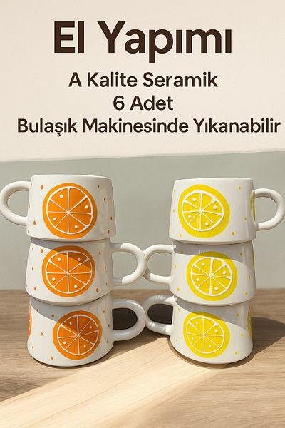 BB TRADE Handmade Set of 6 Lemon and Orange Patterned Ceramic Mug