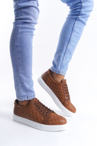 EBRUS TREND Et166 Prestige Lace-Up Leather Quilted Patterned Men's Casual Sneaker Shoes Bt - Tan