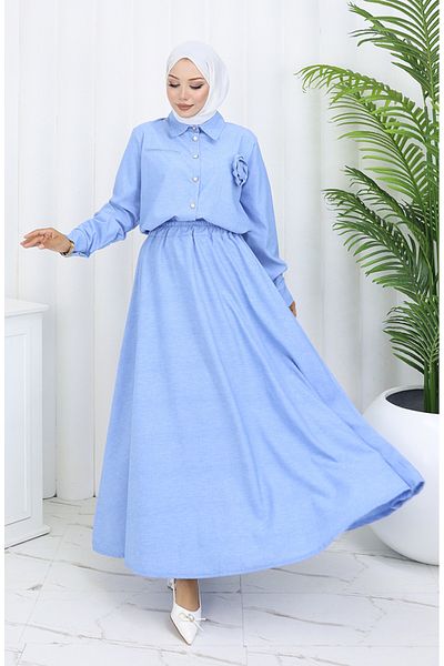 sefamerve Rose Detailed Shirt Skirt Σετ δύο τεμαχίων 2088-01 Ice Blue