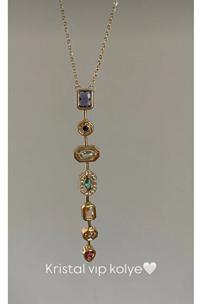 Çelik Y Necklace Colorful Stone Steel Necklace Trend Women's Necklace