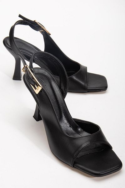 Dilimler Ayakkabı Kadi Heeled Sandals Shoes Black Skin Side Big Buckle