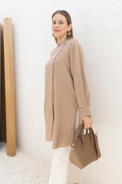 ALLDAY Mink-Half Patched Slit Linen Tunic